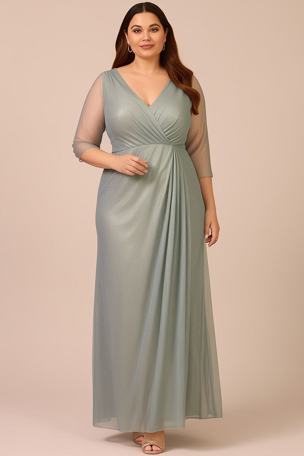 Flycurvy Plus Size Mother Of The Bride Light Green Glitter Metallic Mesh Wrap 3/4 Sleeve Maxi Dress