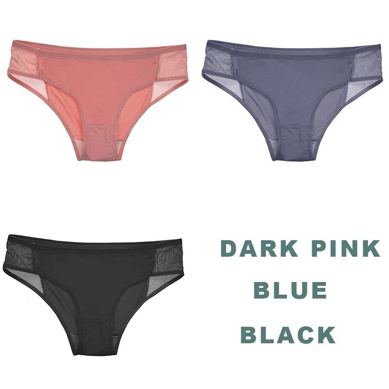 3PCS/Set Side Mesh Sexy Panties Perspective Underwear Women Briefs Female Underpants Solid Color Intimates Lingerie Lace Panties