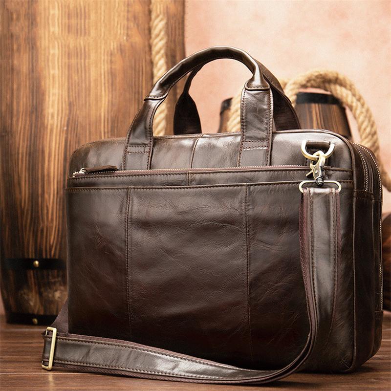 Men&rsquo;S Genuine Leather Antiqued Brass Hardware Top-Handled Detachable Laptop Bag
