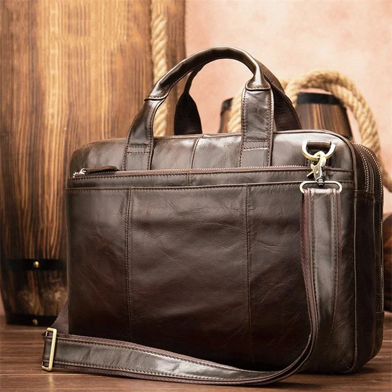 Men&rsquo;S Genuine Leather Antiqued Brass Hardware Top-Handled Detachable Laptop Bag
