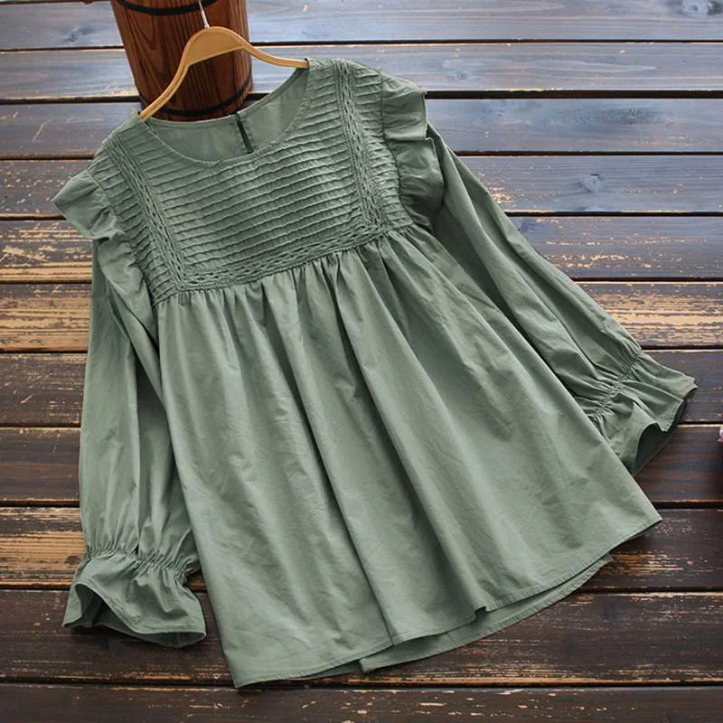 ZANZEA Casual Blouse Women Vintage Long Sleeve Ruffles Tops Spring Pleated Shirt Female Loose Solid Blusa Tunic Chemise Oversize