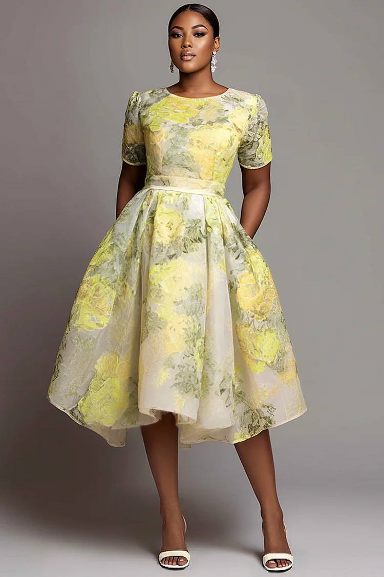 Xpluswear Design Plus Size Wedding Guest Yellow Floral Round Neck Short Sleeve Pocket Midi Dresses [Pre-Order] 2024 - Xpluswear