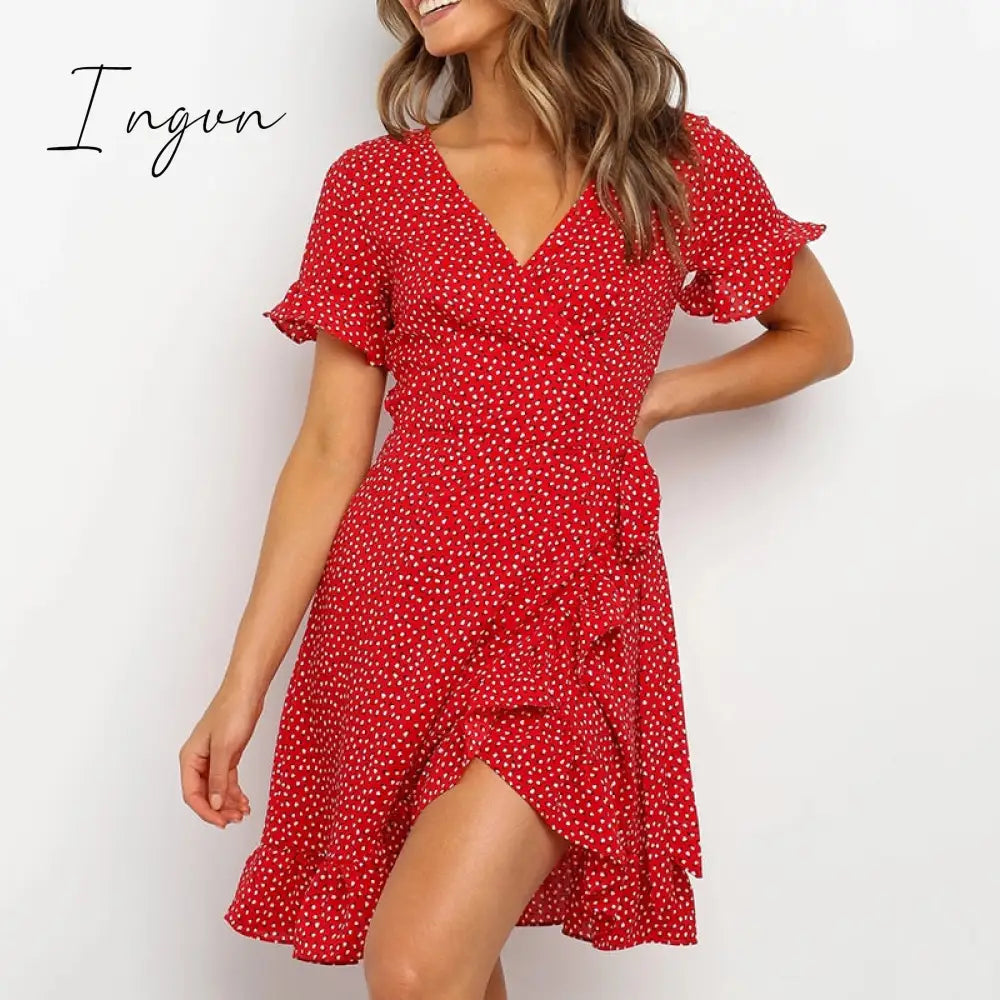 Ingvn - Red Sexy V Neck Floral Print Self Tie Wrap Dress Mini Women Boho Ruffle Hem Flare Sleeve