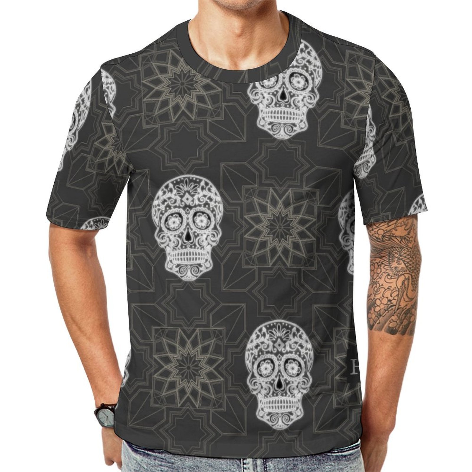 Black Sugar Skull And Grey Geometric Short Sleeve Print Unisex Tshirt Summer Casual Tees for Men and Women Coolcoshirts