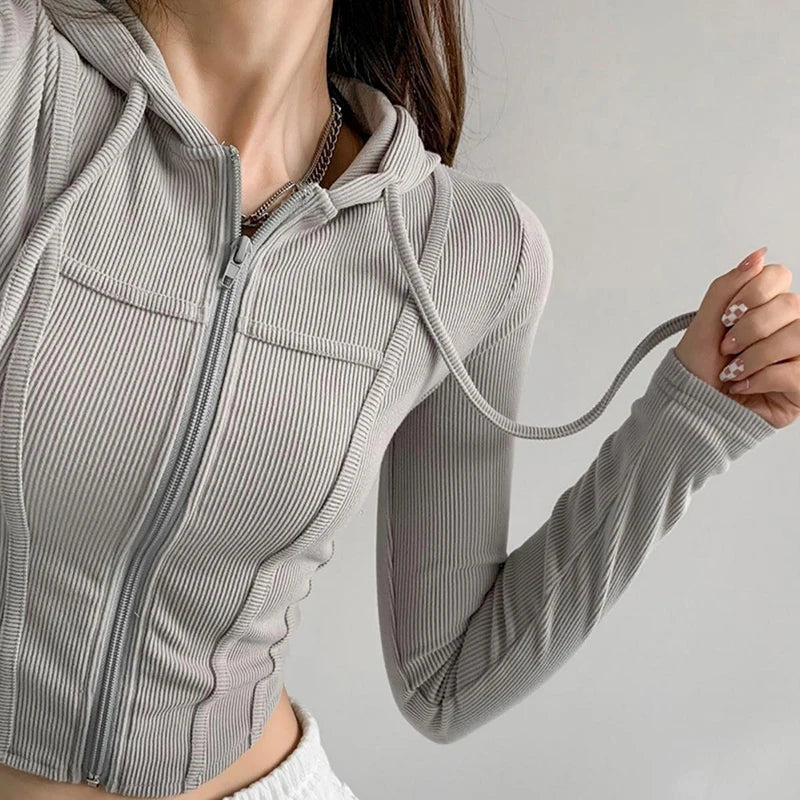 Aiertu Thin Hooded Cardigan Women Korean Vintage Slim Summer Solid Sports Jacket Vertical Pit Stripe Zipper Female Sexy Cropped Tops Aiertu