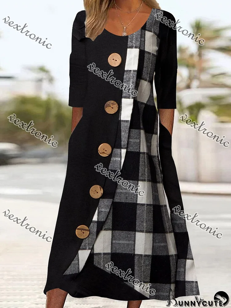 Women Black Long Sleeve Scoop Neck Printed Midi Dress