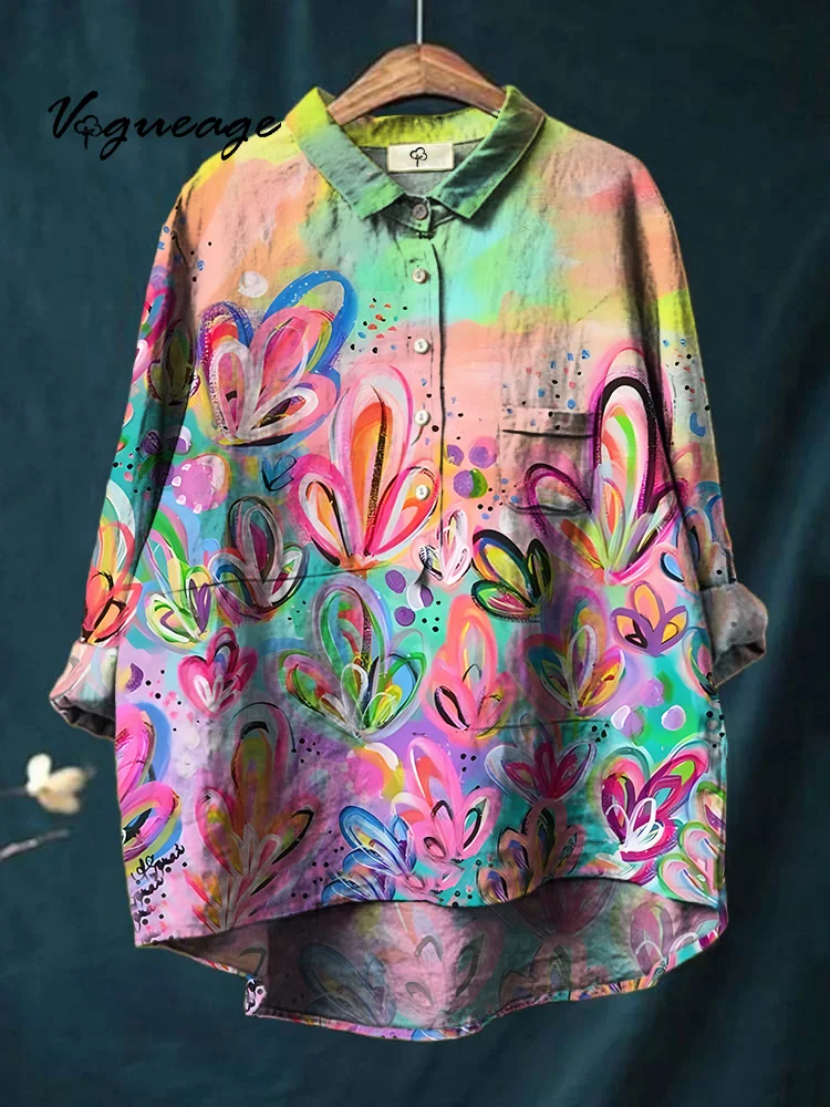 Simple Hand-Painted Funny Flowers Printed Cotton And Linen Shirt
