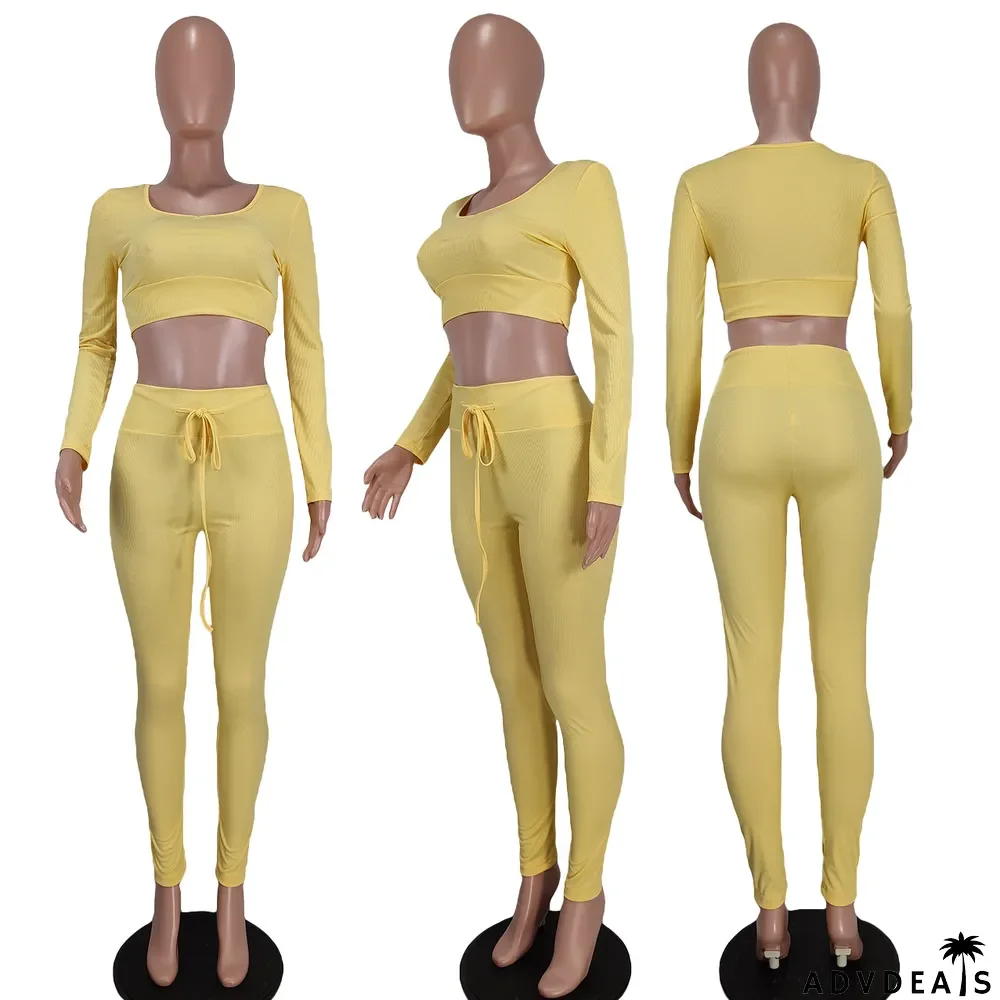 Solid Long Sleeve Crop Top And Pants 2 Piece Sets