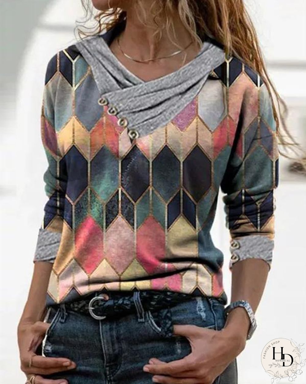 Color Block Casual Pleated V-Neckline Blouses