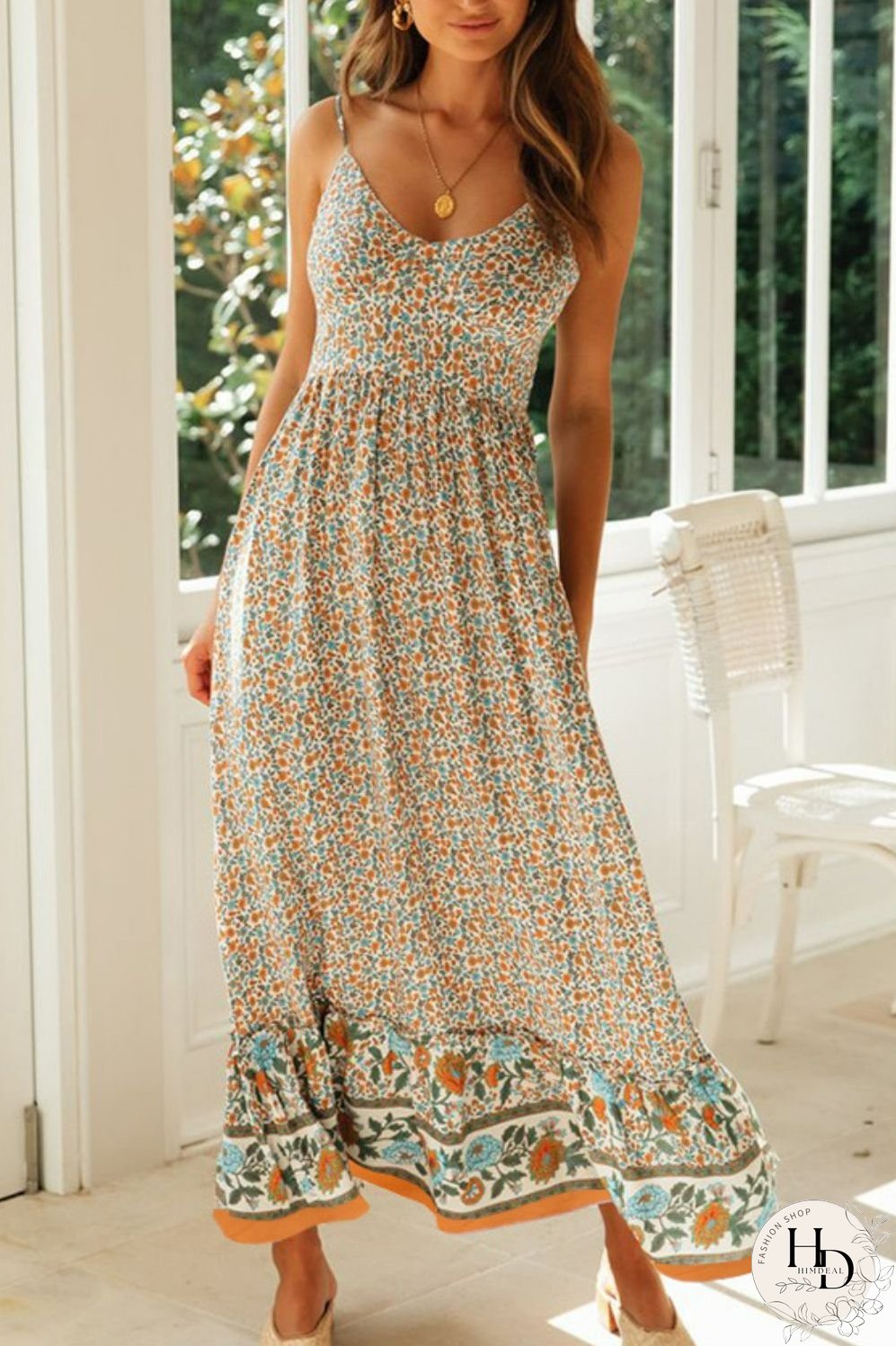 Bohemian Spaghetti Strap Frill Trim Maxi Dress