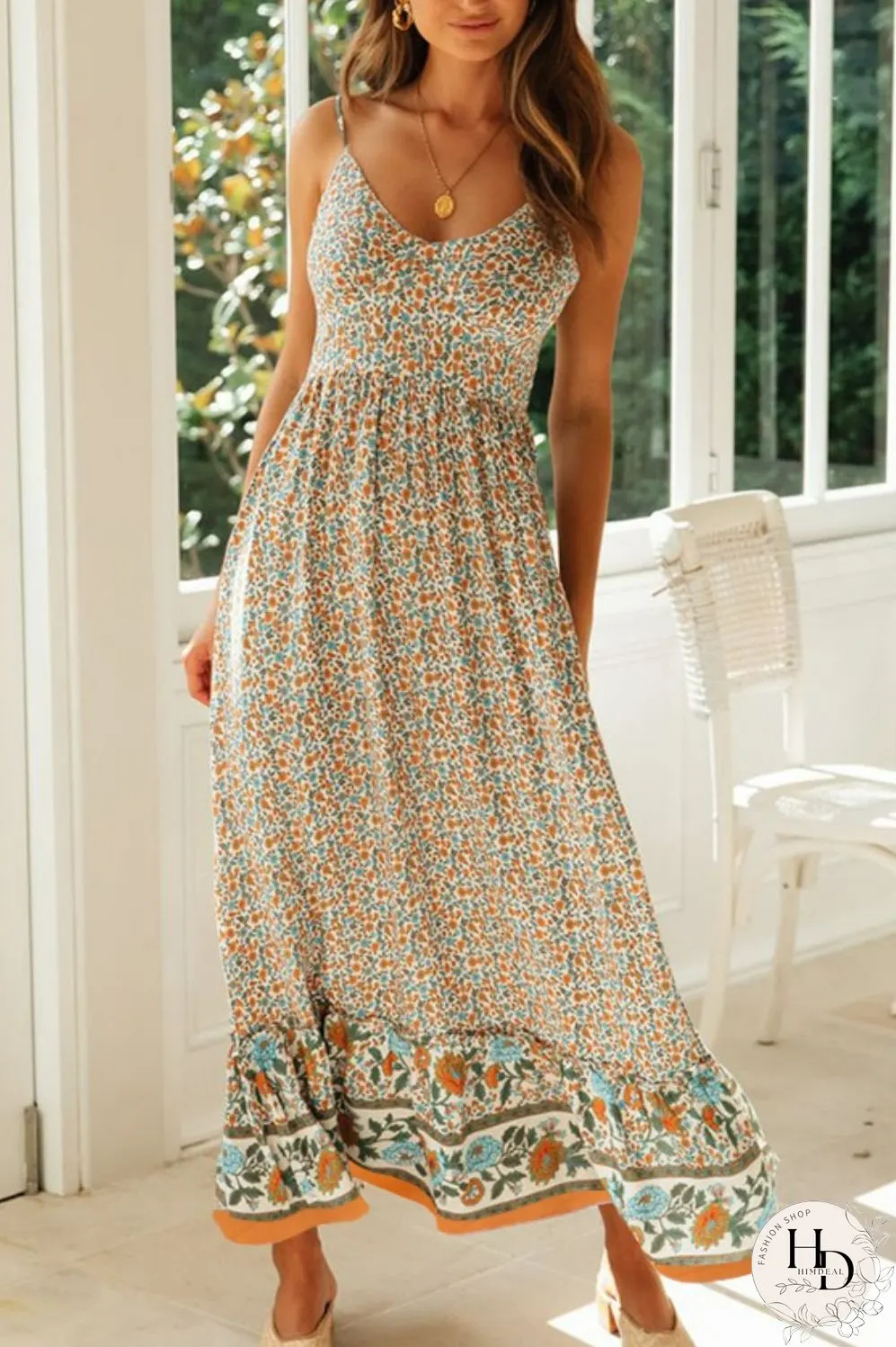 Bohemian Spaghetti Strap Frill Trim Maxi Dress