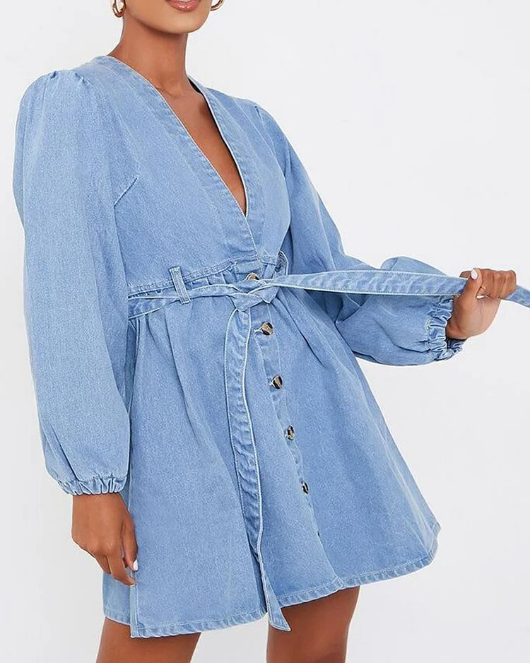 Solid Bloomer Sleeve Lace-up Waist Denim Dresses P14917