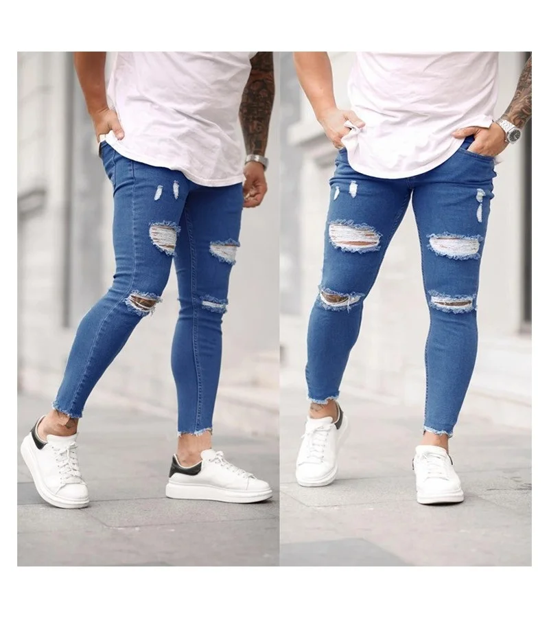 Man Ripped Stretch Skinny Cropped Jeans S-3XL