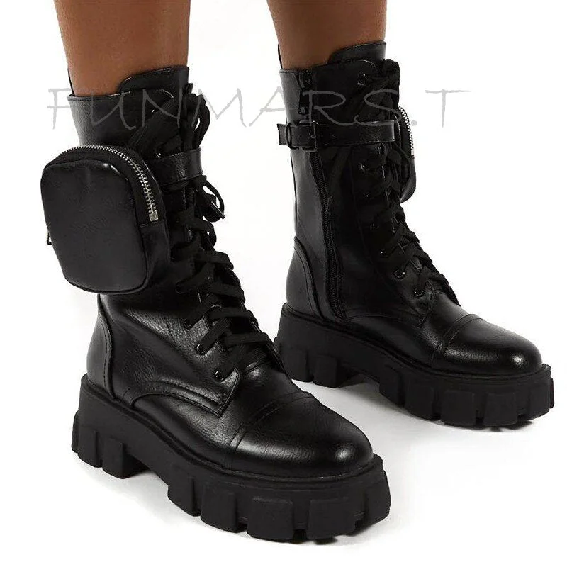 2020 New Chunky Boots Fashion Pocket Platform Boots Women Ankle Boots Female Sole Pouch Motorcycle Boots Shoes Women Botas Mujer