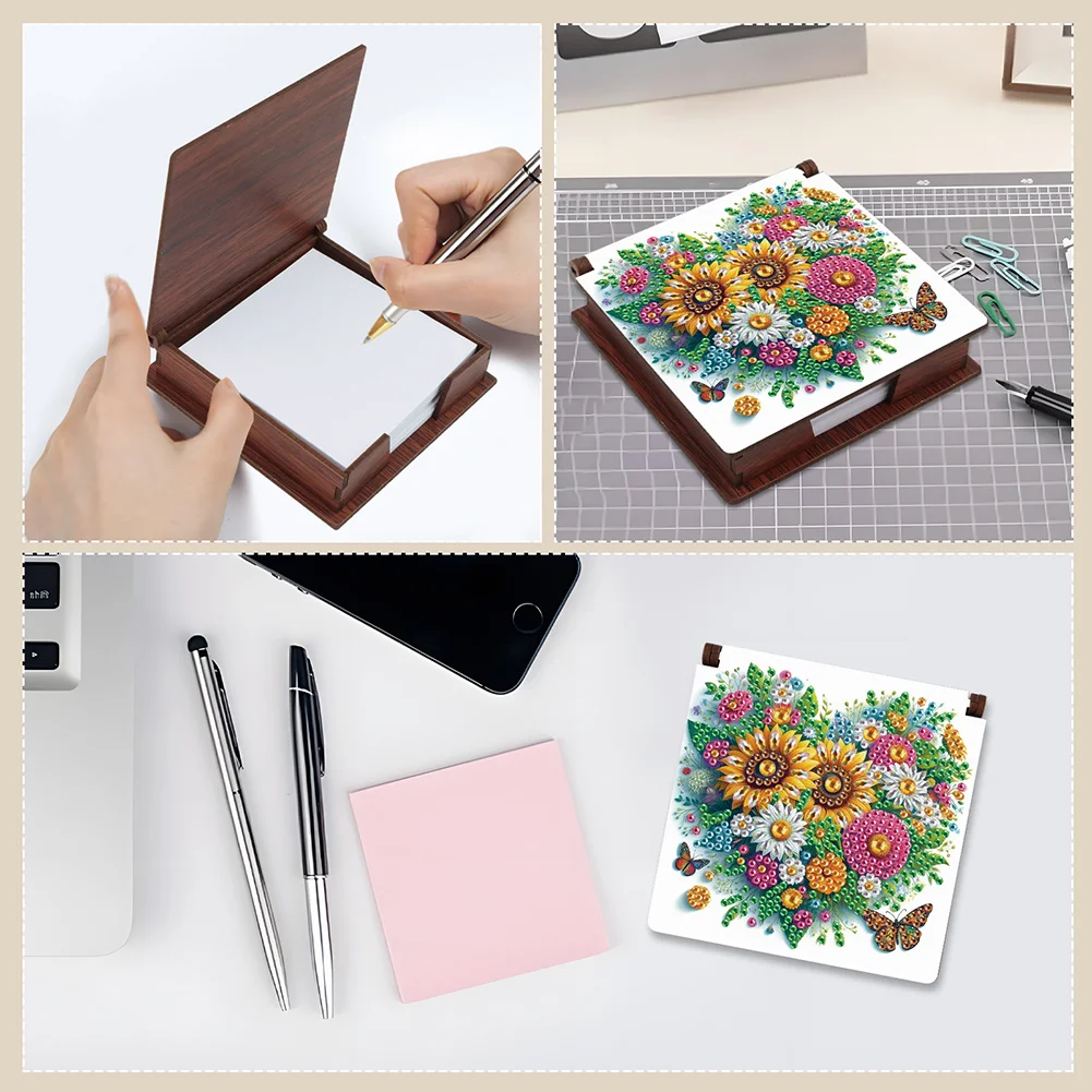 Wood Heart Sunflower Diamond Painting Memo Pad Holder Mosaic Kit for Home Office