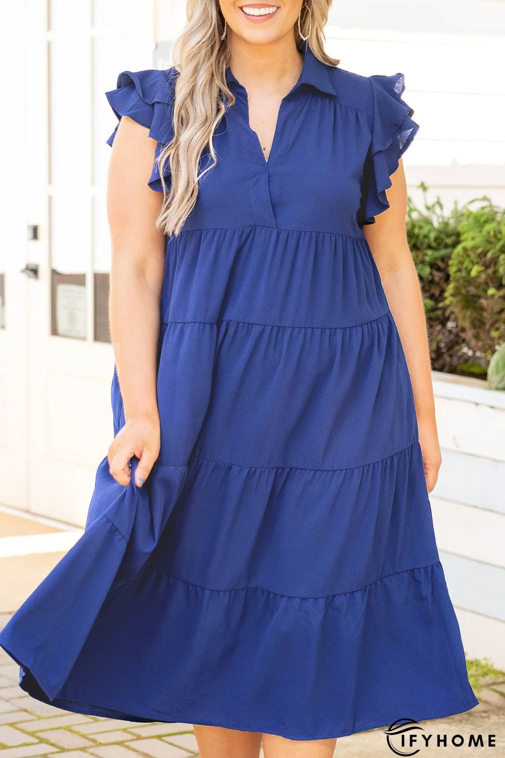 Blue Plus Size Ruffled Tiered A-line Midi Dress | IFYHOME
