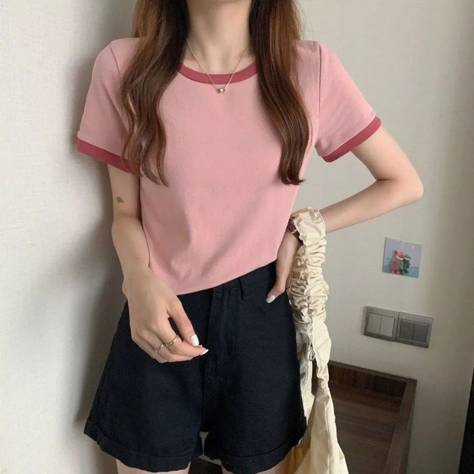 Uveng Uveng Color Round Collar Short-Sleeved T-Shirt Female 2024 New Summer Bottom Shirt Korean Version Slim Short Student Top Tide