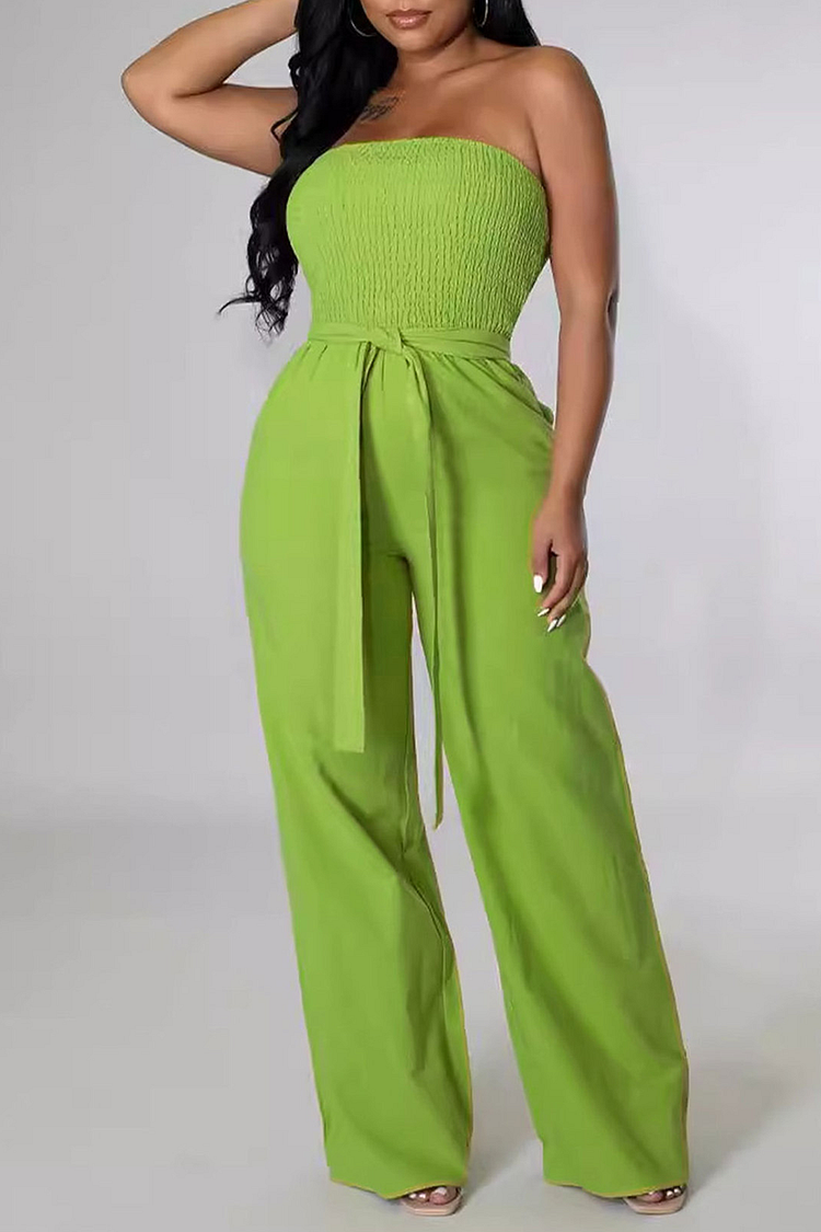 Boat Neck Strapless Solid Color Wide Leg Casual Jumpsuit-White