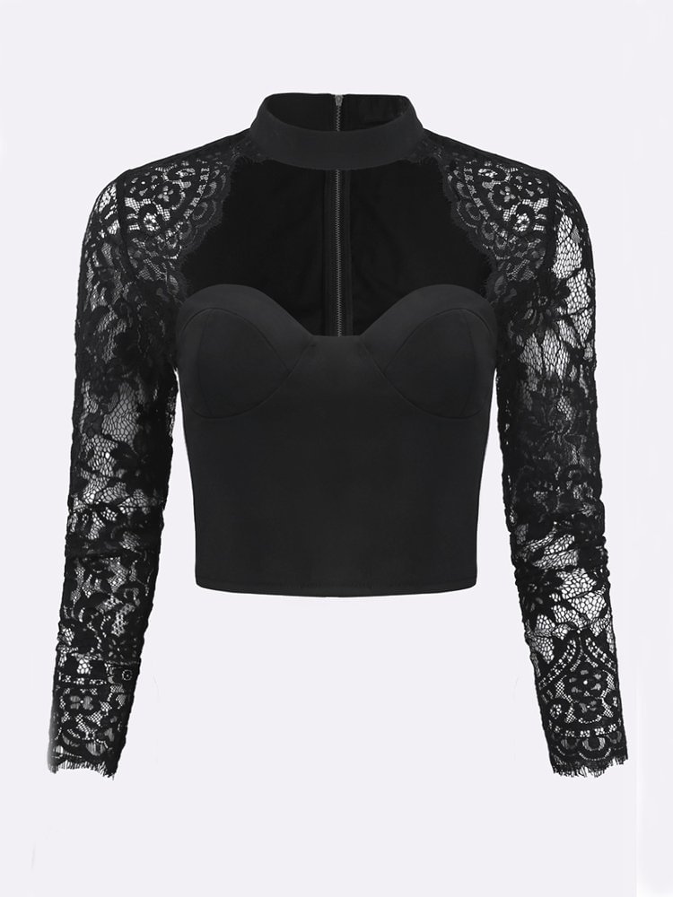 Sexy Lace Patchwork Bodycon Long Sleeve Women Crop Tops P1093088