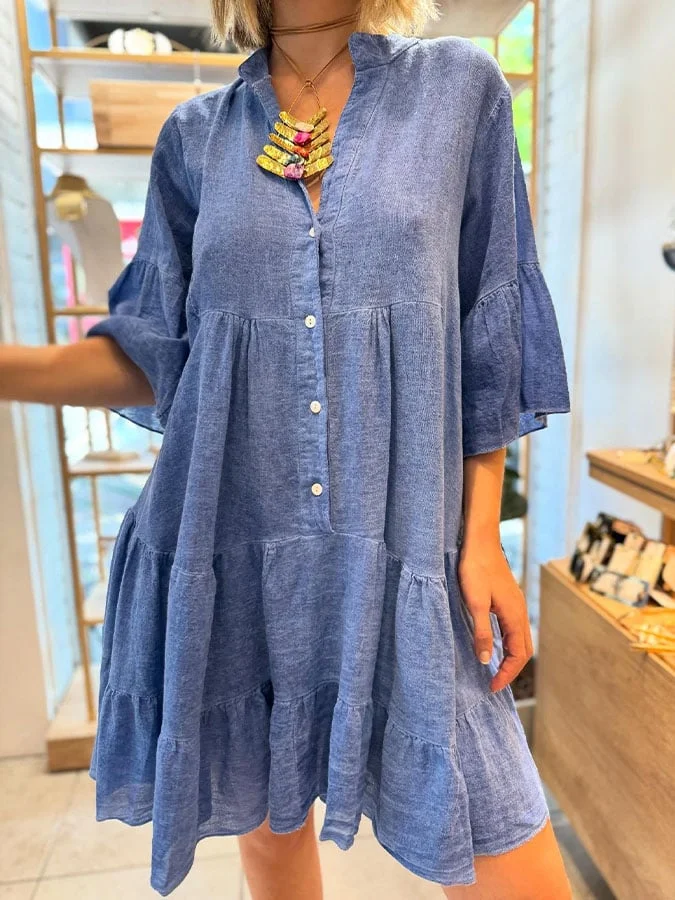 Women'S Casual Solid Color Stand Collar Three-Quarter Sleeve Cotton And Linen Splicing Dress