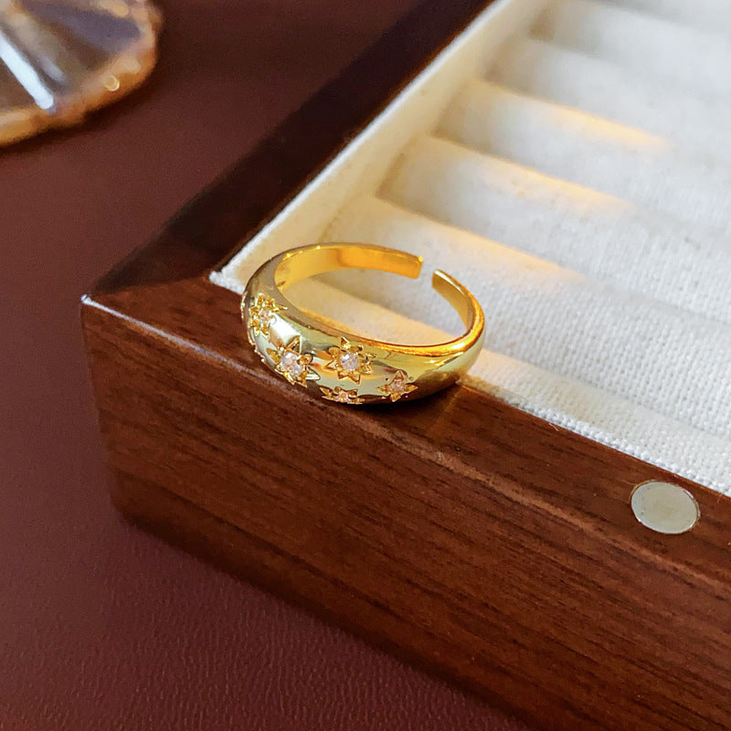 Women Luxurious Round Ellipse Star Wave Flower Geometric Copper Zircon Inlay Rings