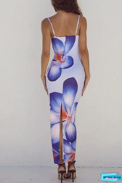 Meridress Spaghetti Strap Back Slit Lily Print Bodycon Maxi Dress