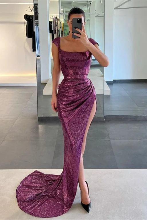 Bellasprom Grape Cap Sleeves Mermaid Prom Dress Square Sequins With Slit