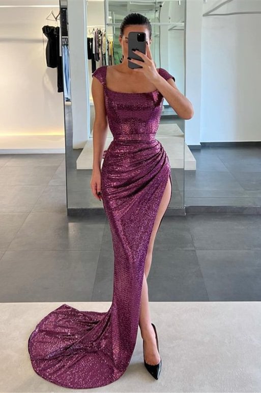 Luluslly Grape Cap Sleeves Mermaid Prom Dresses Square Sequins With Slit