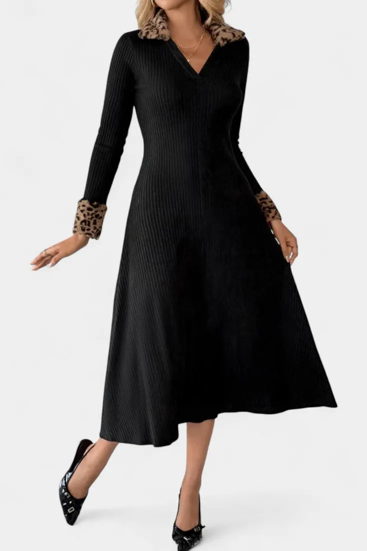 Leopard Trimmed Ribbed Midi Dress