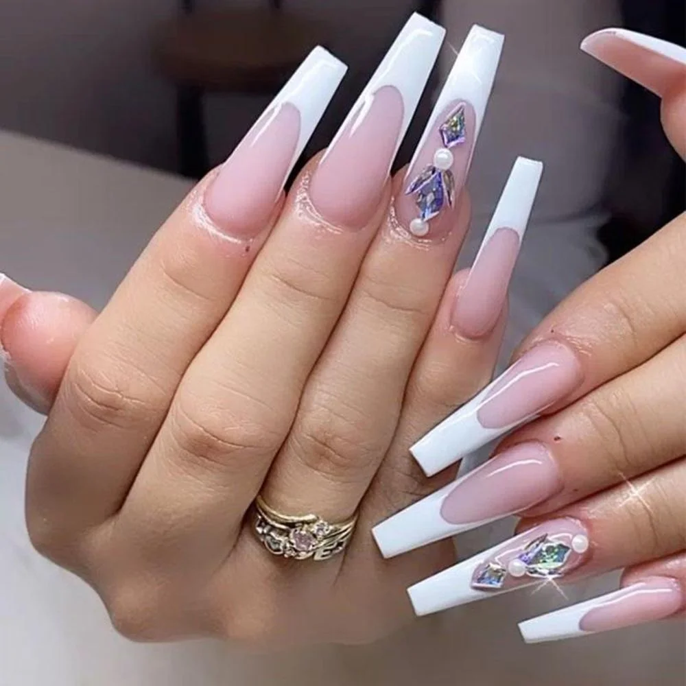24pcs Fake nails long Frosted V-shaped French wearable false nails Detachable Full Cover with designs Coffin Ballerina Nail-Nail Inspo