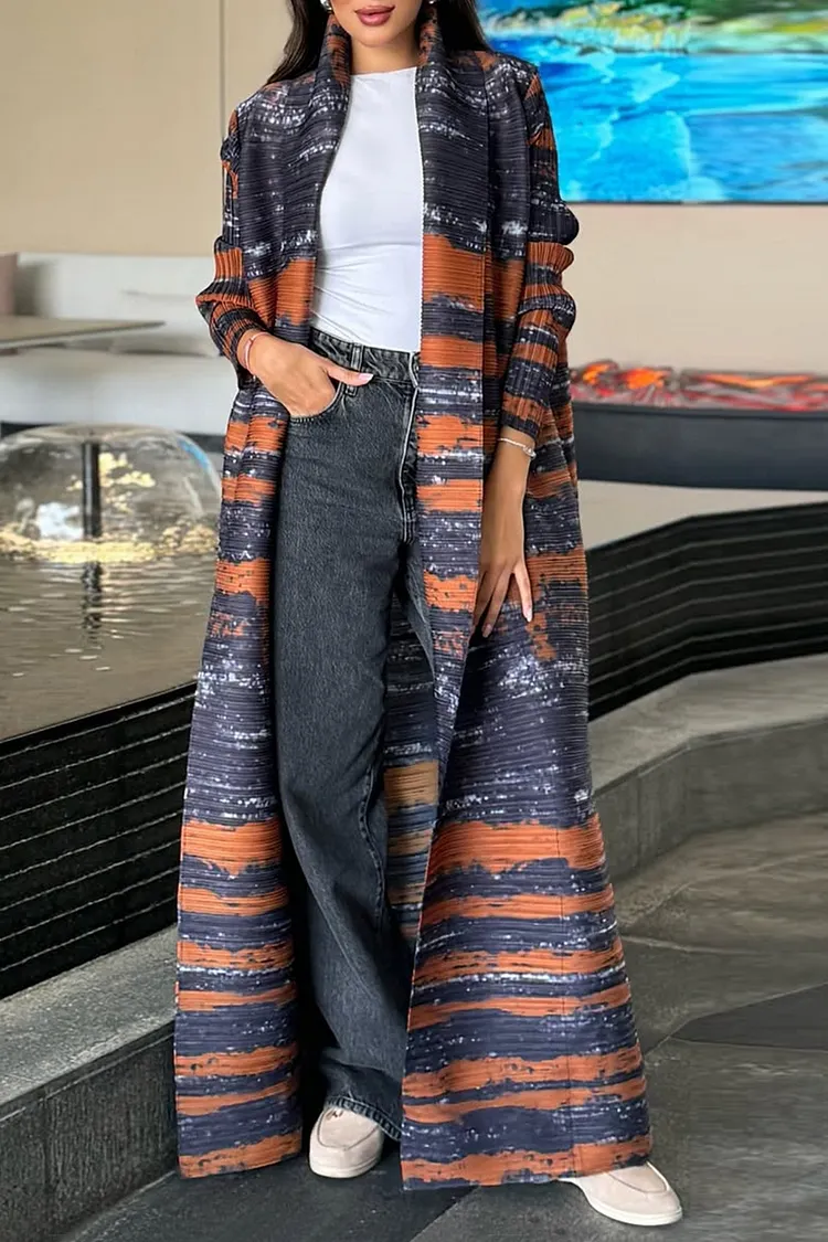 Colorblock Print Pleated Shawl Collar Loose-Fit Abaya Long Cardigan