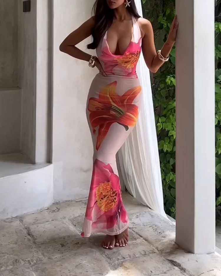Women's printed halter neck dress