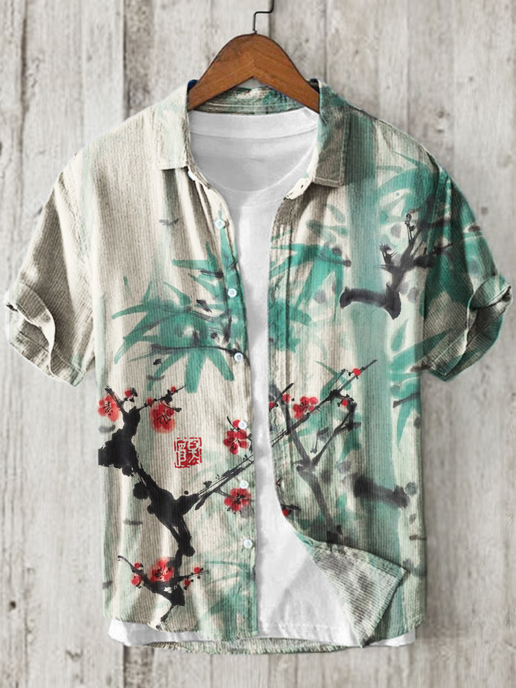 menweary Plum Blossom & Bamboo Ink Art Linen Blend Shirt