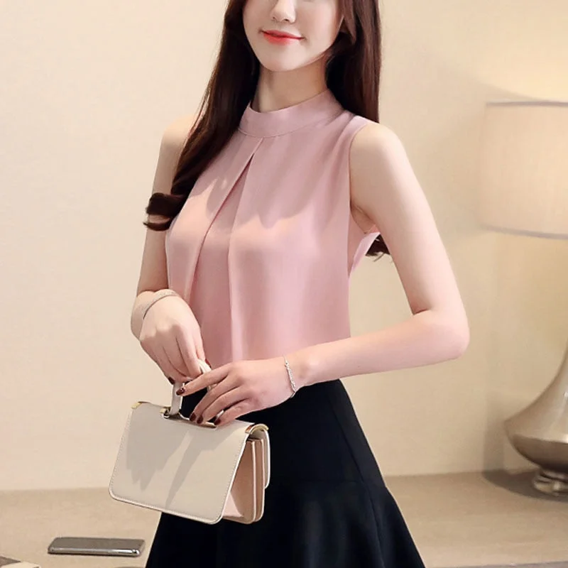 2021 New Elegant Sleeveless Women's Shirts O-Neck Chiffon Blouse Pink Shirts Femininas Womens Clothes Blusas Mujer De Moda 3884