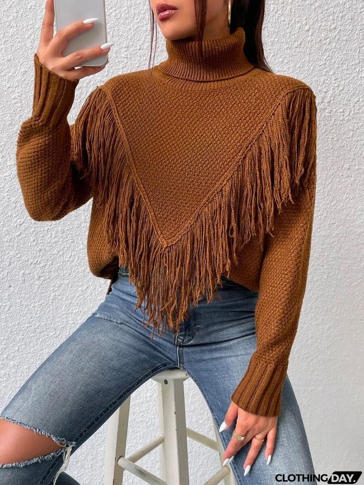 Stylish Long Sleeves Tasseled Split-Joint High-Neck Sweater Tops