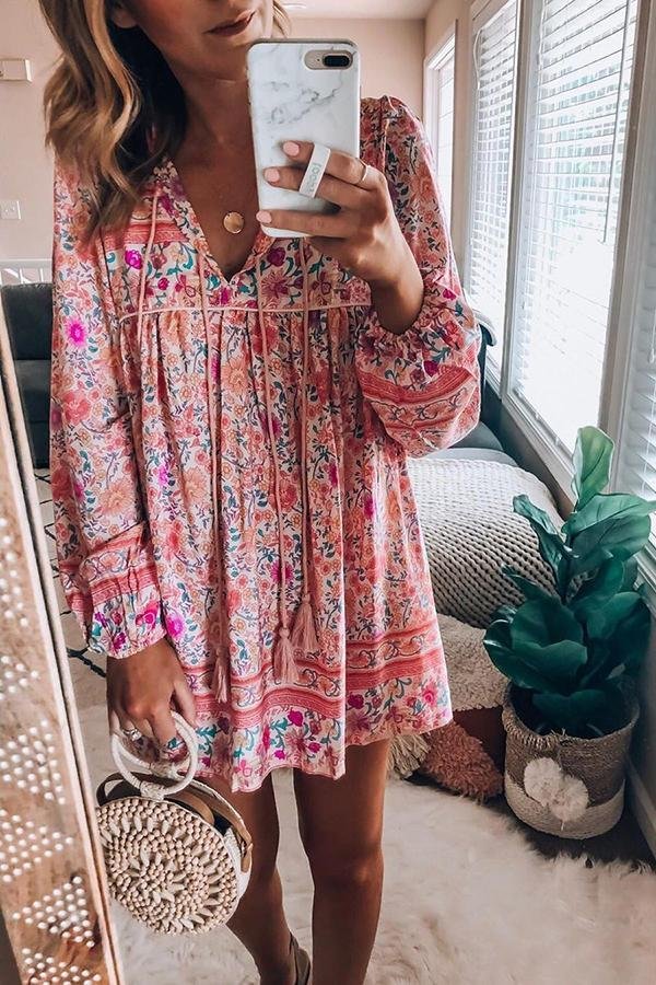 Womens Long Sleeve Tasseled Floral Dress-Allyzone-Allyzone