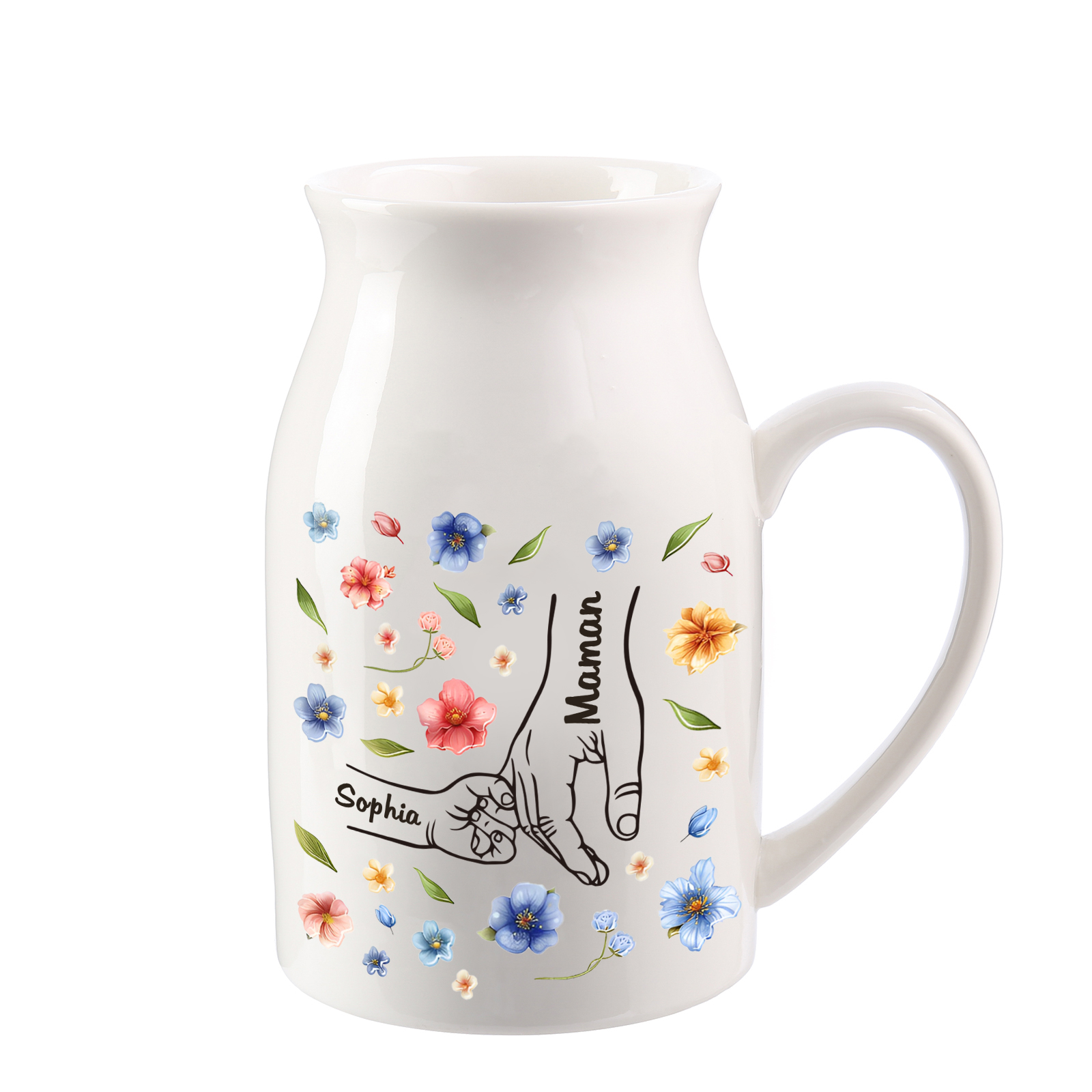 Vaso di ceramica con mano nella mano 2 nomi personalizzati per mamma/nonna