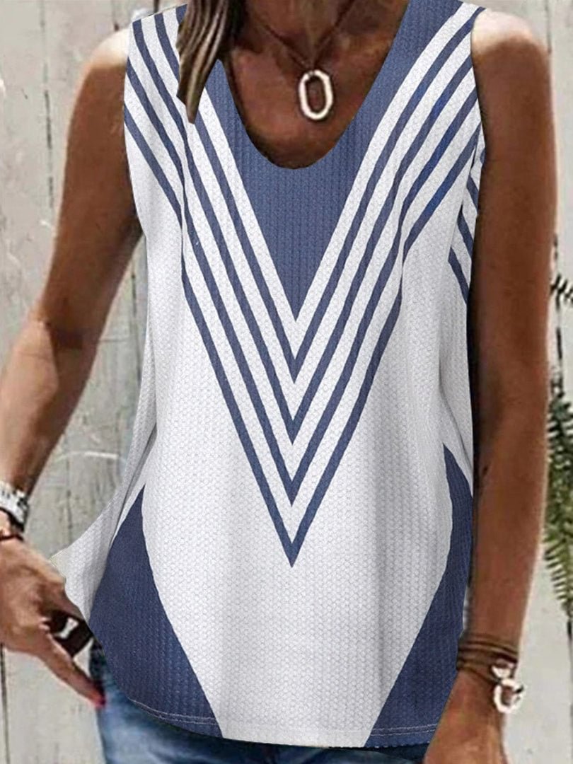 Women's White V-neck Sleeveless Graphic Striped Top