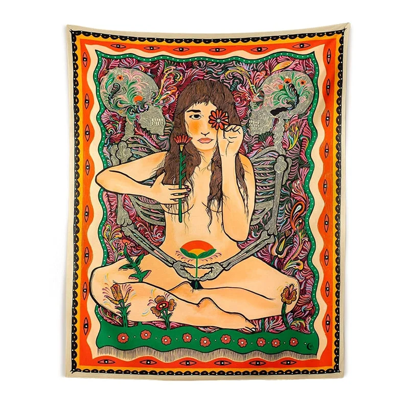 Skull Lover Tapestry Sexy Nude Women Tapestry Colorful Flower Moon Star Tapestry Wall Hanging Aesthetic Room Wall Decor Art