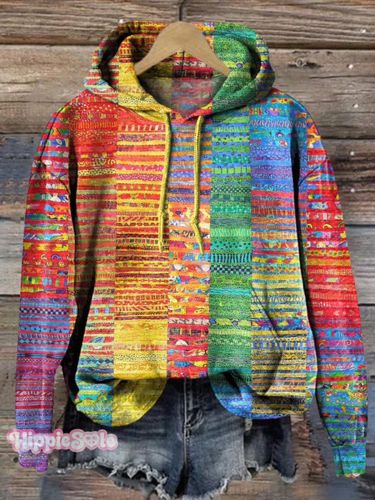Rainbow Color Patchwork Art Printed Casual Hoodie Sweatshirt Multicolor / S