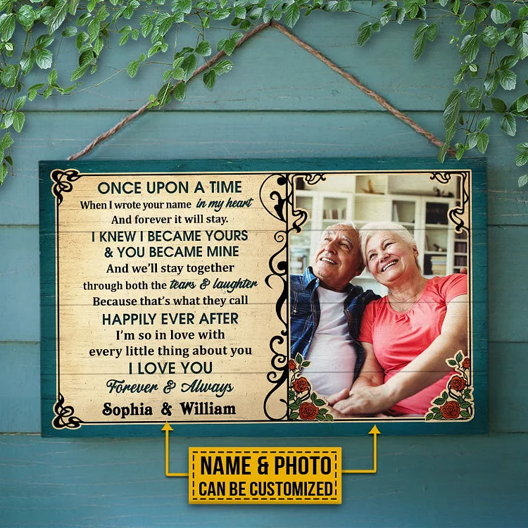Custom Photo Old Couple Husband Wife Once Upon A Time Photo Gift Vintage Custom Wood Rectangle Sign