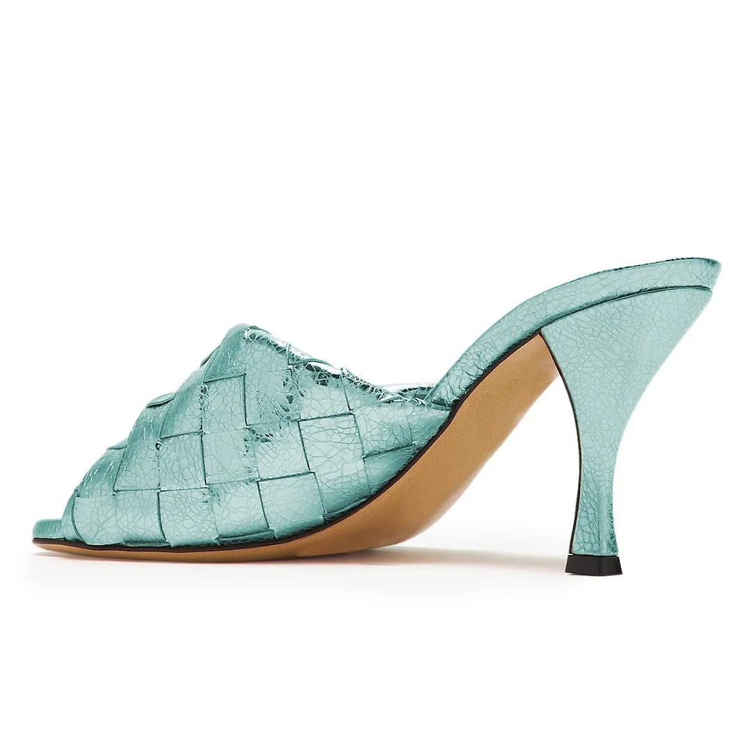 YDN Turquoise Cracked Vegan Leather Woven Open Round Toe Mule Heels