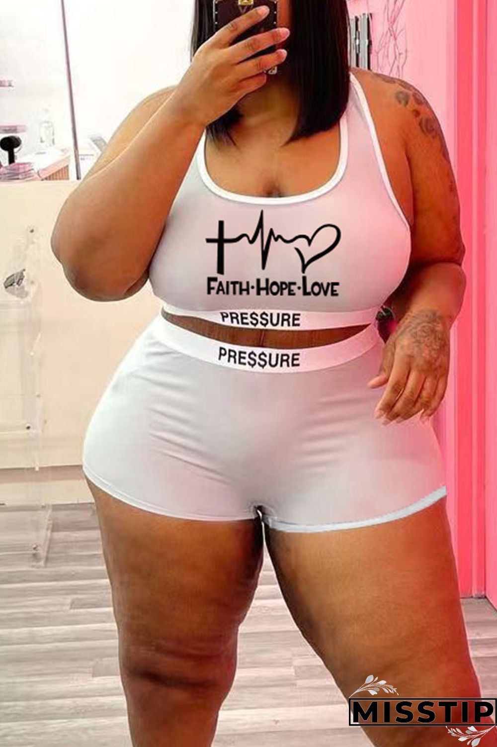 White Casual Street Print Patchwork U Neck Plus Size Two Pieces