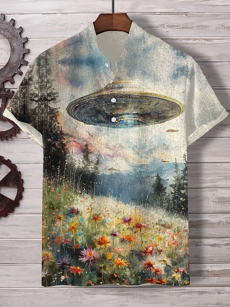 Men's UFO Coming Flower Field Oil Painting Art Print Shirt