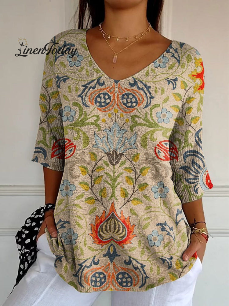 Women’s Vintage Ethnic Floral Art Print Casual Pullover Knit Multicolor / S
