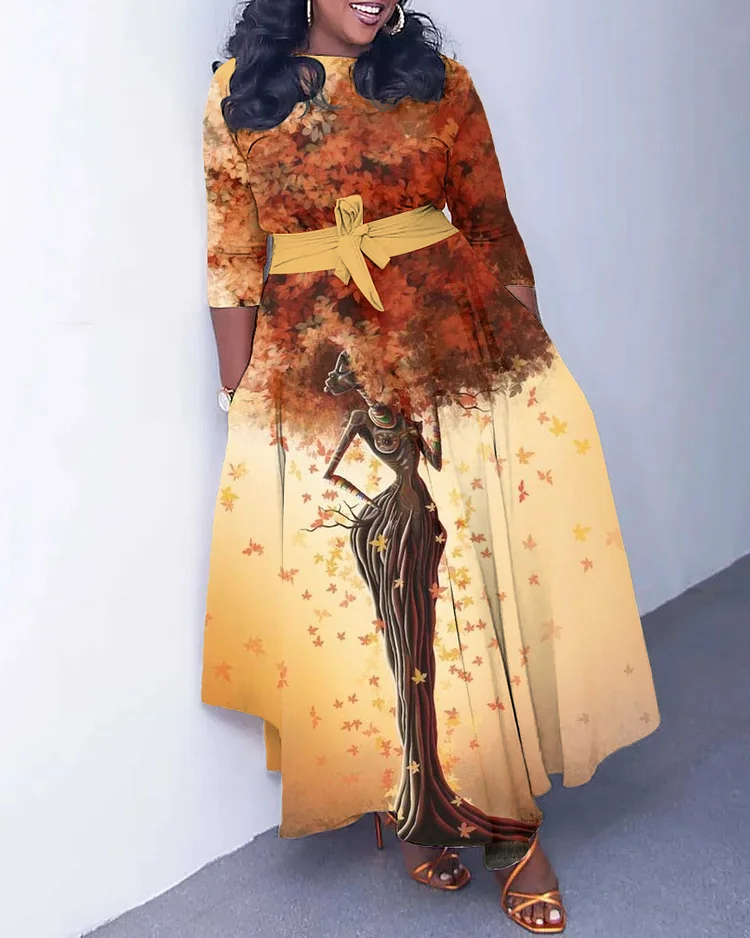 Maple Brown Women Art Long Sleeve Pockets Maxi Dress