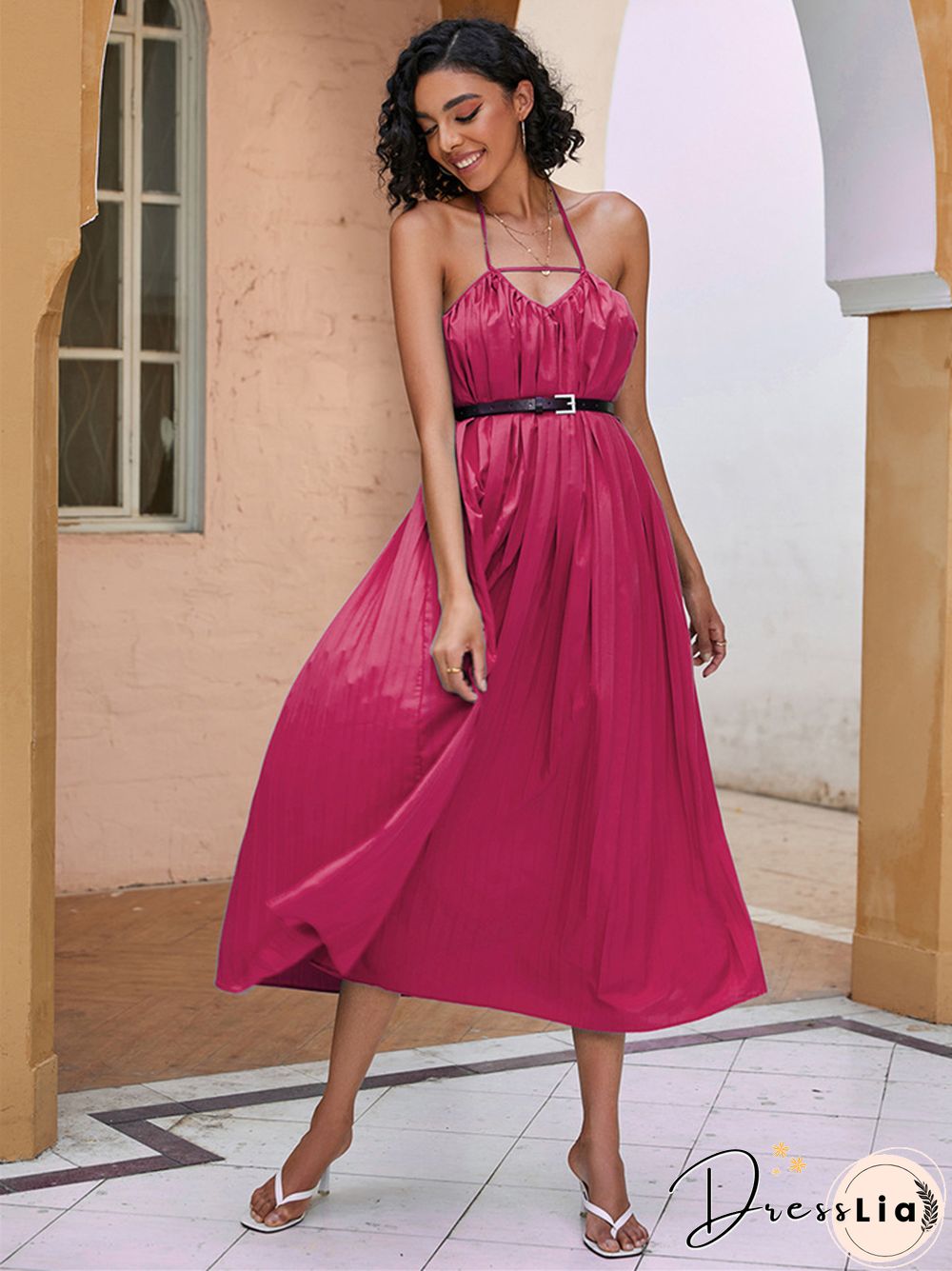 Summer Solid Color Pleated Waist And Neck Dress Black Dresses