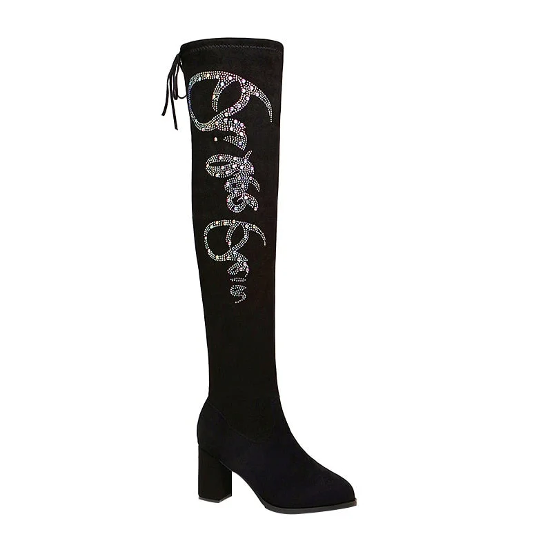 2020 Women's Knee Boots Rhinestone Med Heels Shoes Crystal Bling Antumn Winter Woman Botas Designers Brand Round Toe Sock Boots