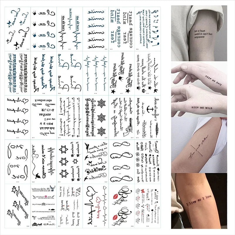 30 Sheet Waterproof Temporary Tattoo Sticker Black Devil Doesn't Sleep English Letters Tatoo Fake Tatto Neck Wrist For Woman Men