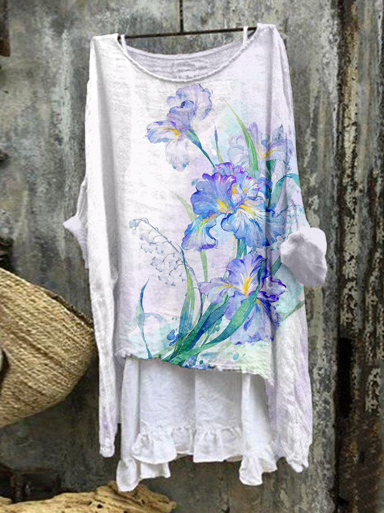 Comstylish Watercolor Iris Flower Art Linen Blend Flowy Tunic